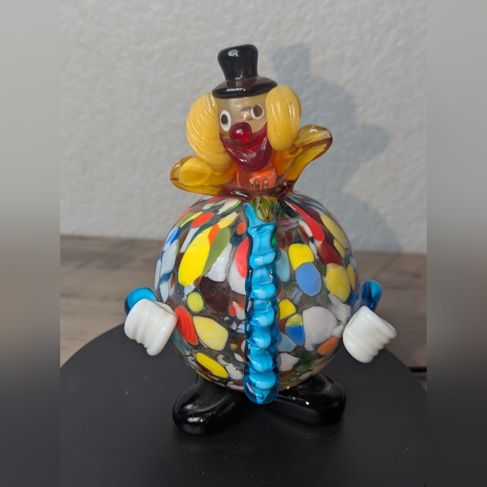 Murano Hand Blown Glass Clown 6" Circus BlueCollar Black Top Hat Yellow Hair VTG